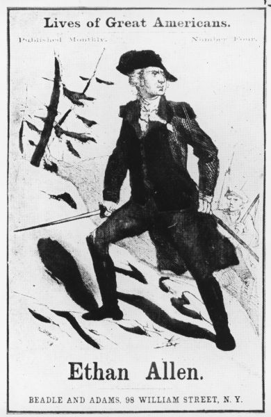 Sketch of Revolutionary War officer Ethan Allen, depicted standing on a hill with his sword drawn. Another soldier is in the background. Appears on the cover of <i>The Bulletin</i> for the New York Public Library. Cover text reads: "Lives of Great Americans. Published monthly. Number Four. Ethan Allen. Beadle and Adams, 98 William Street, N.Y." 