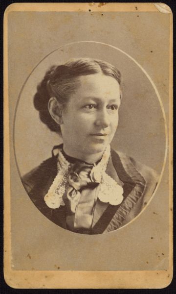 Oval-framed quarter-length carte-de-visite portrait of Margaret Marie Watson Allis, wife of Edward P. Allis.