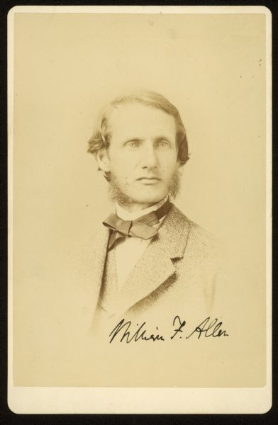Vignetted quarter-length carte-de-visite portrait of William Francis Allen, professor of ancient languages and history at UW-Madison. Dr. Allen had taught newly emancipated slaves in South Carolina during the Civil War, before becoming a professor of classics, first at Antioch College and then at the University of Wisconsin. He was an editor of the 1867 book <i>Slave Songs of the United States</i>, the first book compiling slave songs as literature.