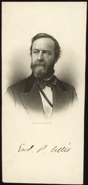 Vignetted engraved lithograph portrait of Edward Phelps Allis, an industrialist who formed the Edward P. Allis Company in Milwaukee, initially manufacturing milling equipment before expanding to other large-scale capital equipment. Allis became involved in the Greenback Party in the 1870s, and was their candidate for governor in 1877 and 1881. He was also a fellow of the American Society of Civil Engineers.