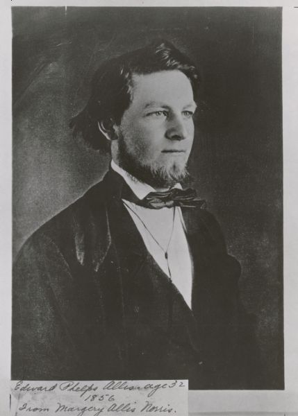 Quarter-length semi profile portrait of Edward Phelps Allis, an industrialist who formed the Edward P. Allis Company in Milwaukee, initially manufacturing milling equipment before expanding to other large-scale capital equipment. Allis became involved in the Greenback Party in the 1870s, and was their candidate for governor in 1877 and 1881. He was also a fellow of the American Society of Civil Engineers.
Caption reads: "Edward Phelps Allis - age 32. 1856. From Margery Allis Norris."