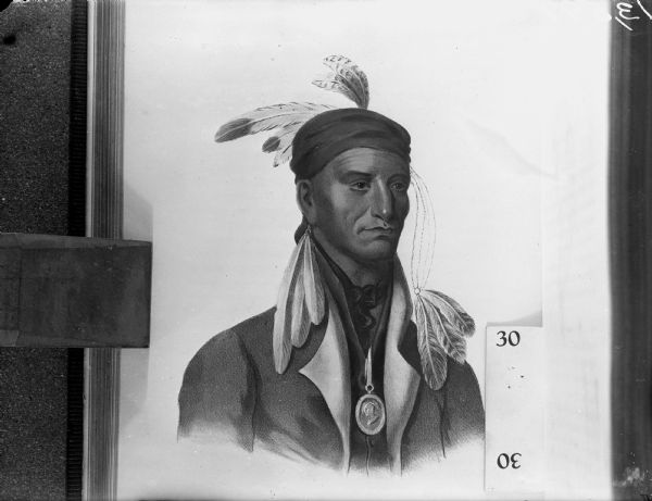 Portrait of Ojibwa chief Shingabawossin, who lived around the Sault Ste. Marie region. He fought in the 1783 Battle of St. Croix Falls and the War of 1812, the latter siding with the British. He was later a signatory to the Treaty of Sault Ste. Marie, the Treaty of Prairie du Chien, and the Treaty of Fond du Lac.
