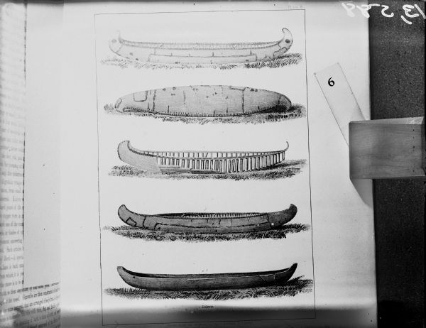 Illustrations of 5 different canoes. Caption reads: "Plate 9, opp. pg. 66. Vol. 1, <u>Indian Tribes of the United States</u>. ed. Francis S. Drake, 1884. After the earlier edition by Henry R. Schoolcraft." Caption below bottom canoe reads: "Dakota." Below illustration it reads: "Drawn from the originals by Capt. S. Eastman, U.S. Army."