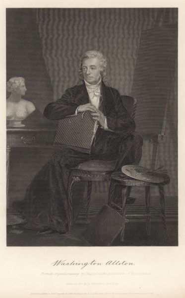 Engraved portrait of Washington Allston, pioneer of the American Romantic movement in landscape painting. He is depicted seated at a desk, wearing a coat. He has set one foot on a stool, where a painting palette rests. He is holding an artist's satchel. A bust is on the desk behind him.
Caption reads: "Washington Allston. From the original painting by [Alonzo] Chappel in the possession of the publishers. Johnson, Fry & Co. Publishers, New York. Entered according to act of Congress A.D. 1863 by Johnson, Fry, & Co. in the clerks office of the district court of the southern district of NY."
