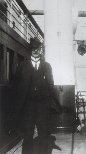 UW-Madison sociology professor Edward Alsworth Ross poses on the deck of the SS <i>Conte Verde</i>.