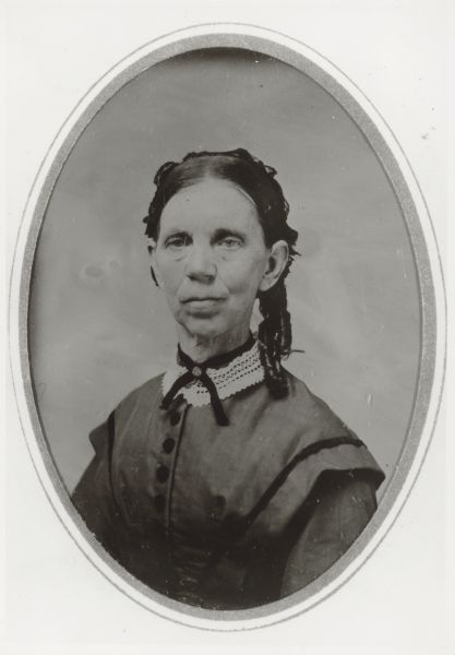 Oval-framed portrait of a woman identified as Mrs. Hannah Moriarty, aunt to UW-Madison sociology professor Edward Alsworth Ross. Hannah was his father's sister.
