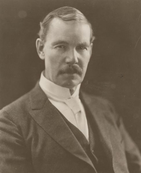 Three-quarter portrait of sociology professor Edward Alsworth Ross. Ross was the subject of Stanford University's first academic freedom controversy when anti-Japanese immigration statements he made led the Stanford family to call for his resignation. This led to spirited debate on the limits of free speech for university faculty. Ross later moved to Madison, where he taught sociology from 1905 until 1937. 