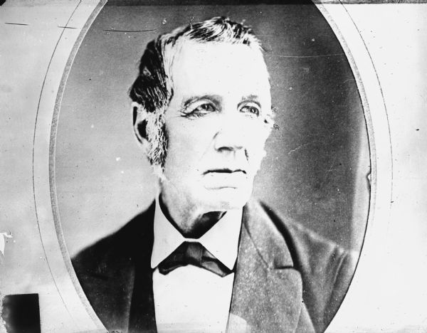 Portrait of Hiram Stores Allen, a businessman and settler in the Chippewa Valley. In 1856 he surveyed and plotted the town of Chippewa Falls, for which reason he is called its founder.