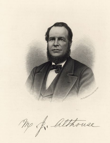 Engraved lithographic portrait of Milo J. Althouse, engineer and businessmen. Althouse moved to Waupun as a young man and designed the "Waupun pump" for wells. He then designed the "Althouse windmill," which he sold through his company Althouse, Wheeler, & Co.