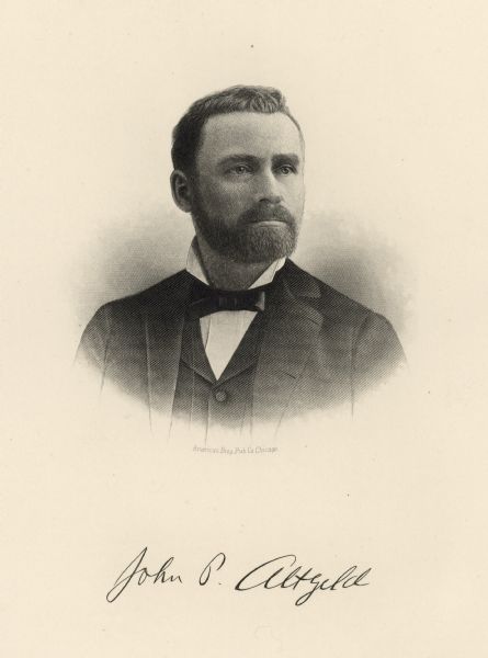 Engraved lithographic quarter-length portrait of John Peter Altgeld, a Union veteran of the Civil War, judge, lawyer, and politician. Altgeld was a Progressive Democrat and the 20th Governor of Illinois (1893-1897). He previously served as Judge of the Superior Court of Cook County (1886-1891). 