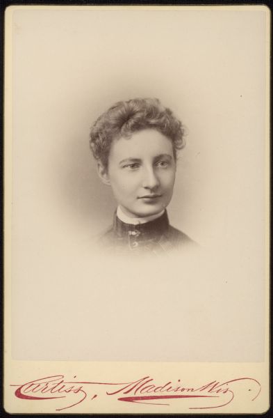 Vignetted head and shoulders carte-de-visite portrait of Katharine Allen, daughter of historian and UW-Madison classics professor William Francis Allen. Caption reads: "Katharine Allen, U.W. '87." Katharine received her BL at UW-Madison (1887), her ML in 1893, her MA in 1895, and her PhD in 1898. She subsequently was an assistant professor of Latin at UW-Madison.