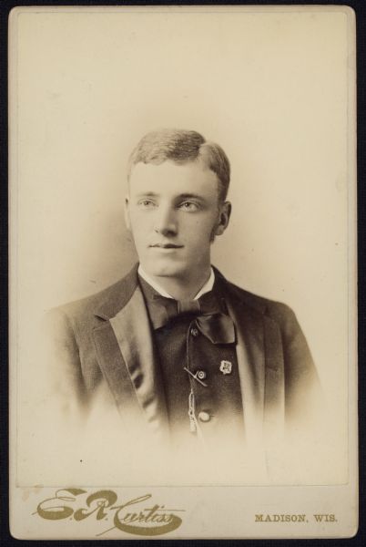 Vignetted quarter-length carte-de-visite portrait of Charles Lewis Alverson, a banker and businessman. He was head of the State Bank of Medford (1892-1916), and President of the City Bank of Portage (1910-1916). He was involved in real estate in Medford, and he was a 32nd degree Mason in the order at Medford.