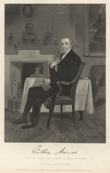 Engraved lithographic portrait of Fisher Ames, a Federalist politician. He was a member of the Massachusetts House of Representatives in 1788, then a member of the U.S. House of Representatives from Massachusetts, from 1789-1797. He is depicted sitting in an upholstered chair, holding a book. A table with tablecloth and more books is behind him, and a fireplace with a bust on the mantel is behind that. His signature appears below the portrait.
