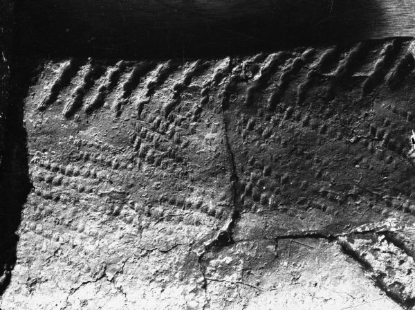 Close-up view of patterns in a broken piece of pottery. Caption reads: "Interior of potsherd from Point Sable, Town of Scott, Brown Co., Wis. State Hist. Museum Coll."