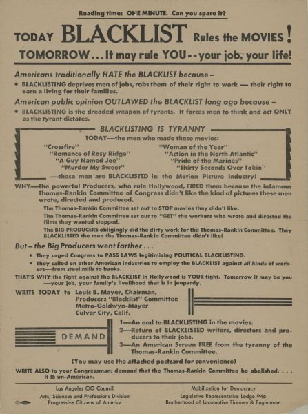 A flyer with the headline "TODAY BLACKLIST RULES THE MOVIES! TOMORROW...It may rule YOU--your job, your life!" denounces the Hollywood blacklist and the Thomas-Rankin Committee.