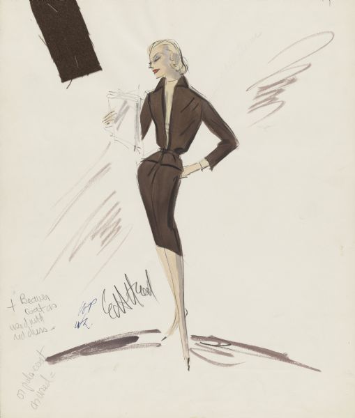 Costume sketch, by Edith Head, for the 1959 film <i>But Not for Me</i>. The brown beaver suit coat and skirt was for the character "Ellie Brown" played by Carroll Baker.  A swatch of the brown material is stapled to the top left of the sketch.  Head's signature is near the models' lower legs.