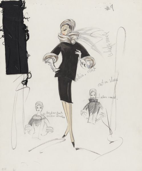 Watercolor and pencil costume sketch for the 1964 film <i>Sex and the Single Girl</i>.  The outfit is a black coat with white mink trim and black skirt.  The model also wears a white hat of some kind.  Several small sketches in pencil showing alternate collars are included along with a large piece of black fabric stapled to the top left corner of the sketch.