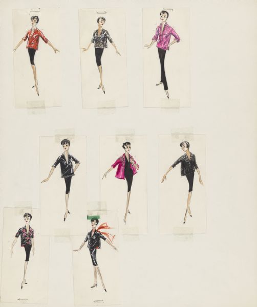 Costume plot for Judy Garland in the 1963 film <i>I Could Go on Singing</i>.  There are eight sketches for costumes which have either a black skirt, pants, or dress.  A few costumes have pink or red tops; all costumes have a shiny component to them.  Five of the sketches are stapled to the sheet.