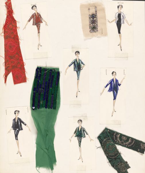Six small costume sketches for the 1963 film <i>I Could Go on Singing</i> starring Judy Garland.  The sketches are all for jacket, blouse, and skirt ensembles.  A piece of red/gold fabric is stapled to the top left, a piece of green/gold fabric is stapled to the bottom right, a piece of sheer green fabric with blue and green sequins is on the left, and a piece of fabric with rhinestones is stapled to the top.
