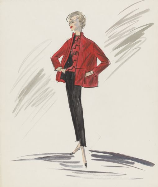Costume sketch for the 1961 film <i>Too Late Blues</i>.  The sketch shows an outfit consisting of a red jacket with pockets, a red blouse with a black pattern, and black slacks. 