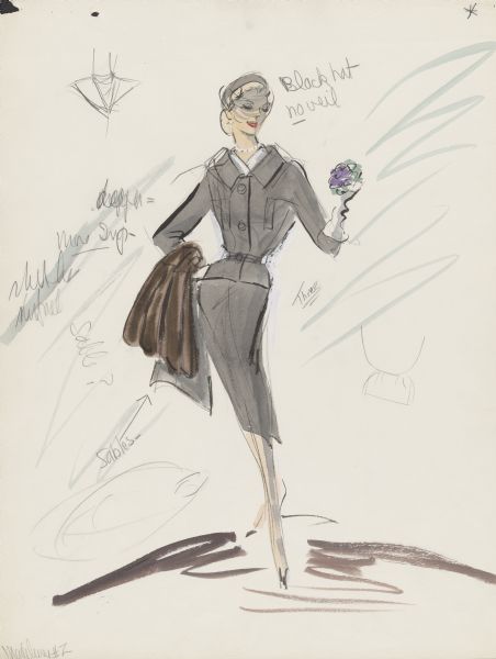 Costume design sketch for the character Madeleine in the 1958 film <i>Vertigo</>.  The outfit is a grey suit jacket and skirt.  The model also wears a hat and holds a sable coat on one arm.  The other hand wears a white glove and holds flowers.  Notes written in pencil, including "Black hat no veil" are written around the sketch.  