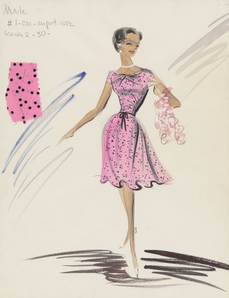 Costume sketch for "Maile Duval", played by Joan Blackman, in the 1961 film <i>Blue Hawaii</i>.  The sketch is for a pink dress with black polka dots.  A piece of fabric is stapled to the left side of the sketch.  