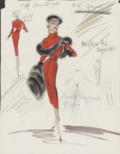 Costume sketch for "Queenie Martin" played by Hope Lange in the 1961 film <i>Pocketful of Miracles</i>.  The sketch is of a red belted dress.  The larger sketch includes black fur hat, wrap and either a coat or muff and black gloves.  The smaller sketch  has a different neckline and includes gold bracelets.  Several pencil sketches are on the right.