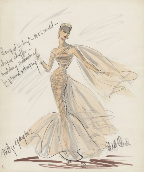 Costume sketch for "Patsy Blair", played by Mitzi Gaynor, in the 1956 film <i>Anything Goes</i>.  The dress is peach colored and form fitting with a mermaid bottom.  Head's signature is at the bottom right, Gaynor's name is at bottom left, and the initials "GS" (Grace Sprague) are under the dress - all in pencil.  