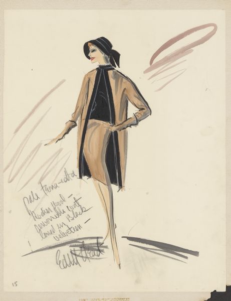 Costume sketch for Shirley MacLaine's character "Katie Robbins" in the 1961 film <i>All in a Night's Work</i>.  The ensemble consists of a brown knee-length coat with black trim, a brown skirt, and black blouse and hat.  Edith Head's signature is by the feet of the model.  The sketch is attached to a poster board.