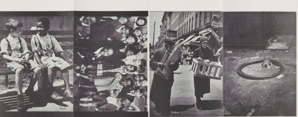 A two-sided four panel folded pamphlet. The photographs are, from left to right: Two boys sitting on a bench titled: "Posin"; a group portrait of children; two woman walking on a street carrying boxes titled: "Sisters"; and an image of a broken doll laying inside a bicycle tire on a street.