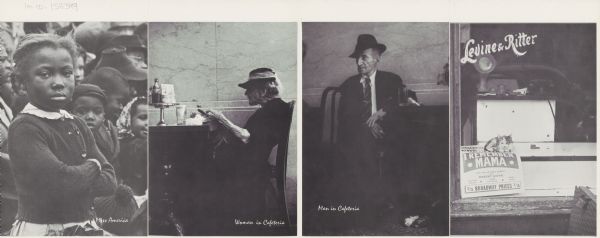 A two-sided four panel folded pamphlet. The photographs are, from left to right: a young girl standing with her arms crossed and looking directly at the camera titled: "Miss America"; a woman sitting at a table titled: "Woman in Cafeteria"; a man sitting at a table titled: "Man in Cafeteria"; and a cat sitting on a poster lying on a counter.