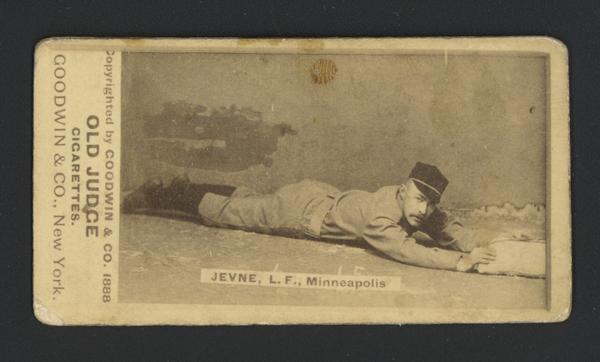 Cigarette Advertising Trade Card produced by Old Judge Cigarettes. Depicted is L.F. Jevne, a baseball player from Minneapolis.