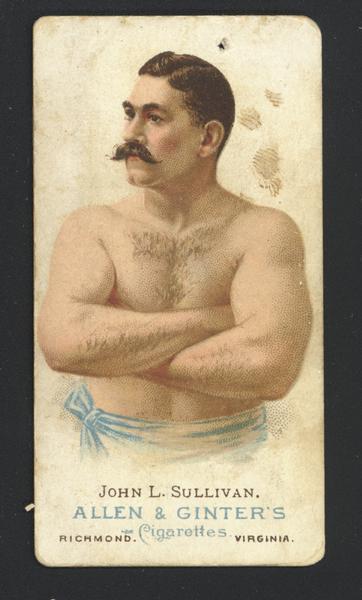 Cigarette Advertising Card produced by Allen and Ginters. John L Sullivan, boxer was considered to be the link between bare knuckles and glove fighting. Considered to be one of the best heavyweights ever. Sullivan was elected to the International Boxing Hall Of Fame in 1990.