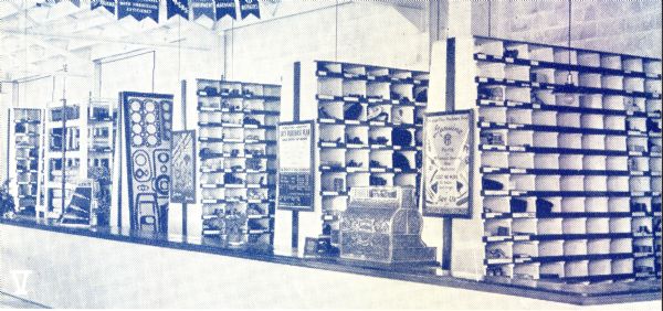 The parts department of Eilert's Farm Equipment, showing bins and racks. Eilert's was an International Harvester dealership.