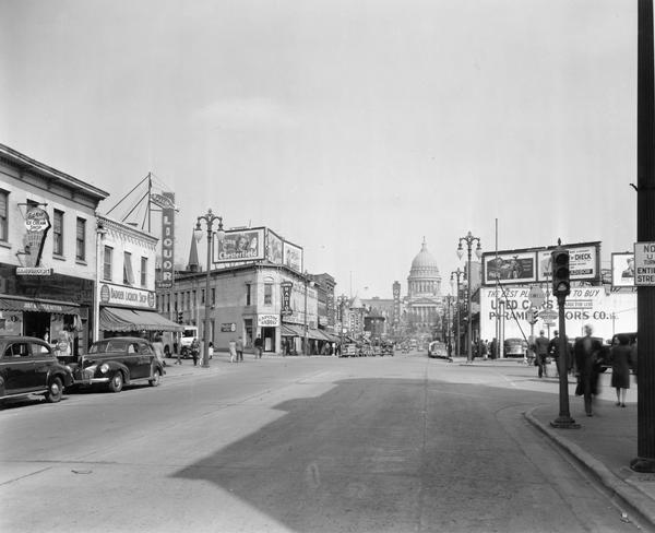 A view from the corner of State and Gorham Streets toward the Wisconsin State Capitol.