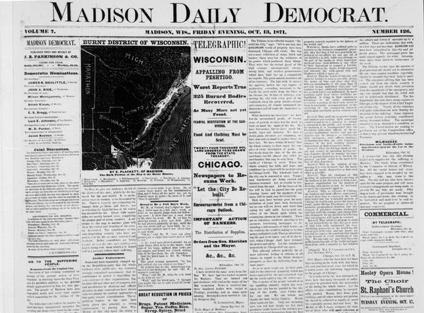 A portion of a page from the Madison Daily Democrat which gives an account of the Peshtigo fire.