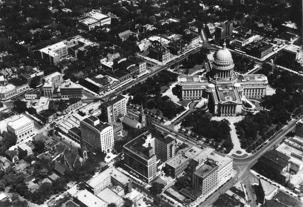Aerial view of the Wisconsin State Capitol, which is on the upper right-hand side of the image.