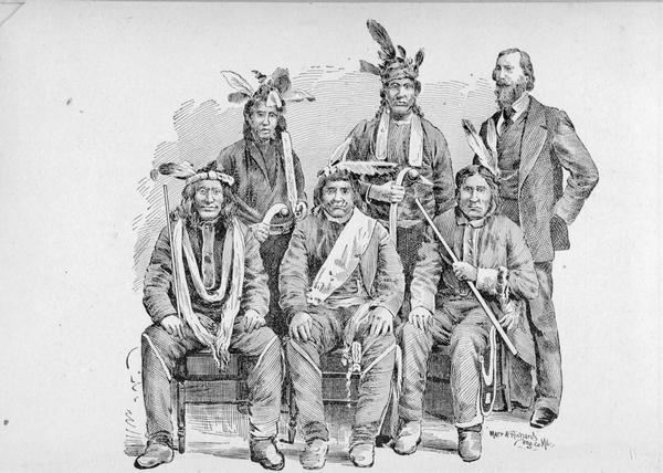 Illustration of the Washington, D.C. Delegation of Indians. Five Indians pose with a man in a beard and suit. From Benjamin Armstrong, "Early Life Among The Indians".<p>According to his book, Armstrong went to D.C. with two chiefs and five braves. The image may include Chief Buffalo and Chief O-Sho-Ga, however there is no caption information with the engraving to identify the men in the image.