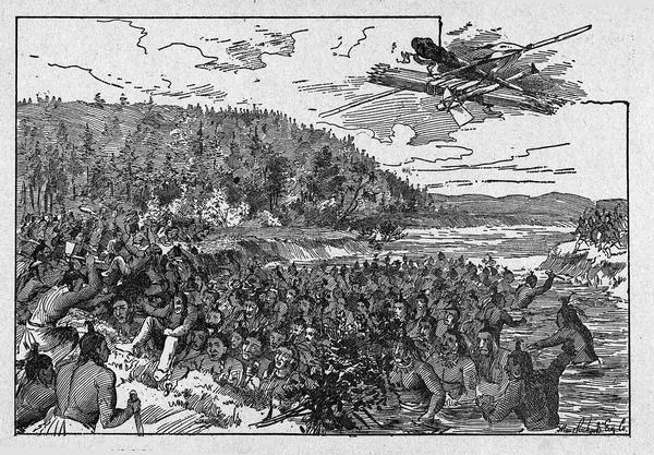 Illustration of Chippewa and Sioux Indians battling each other at the Brule River. Wood engraving from Armstrong, "Early Life Among The Indians."