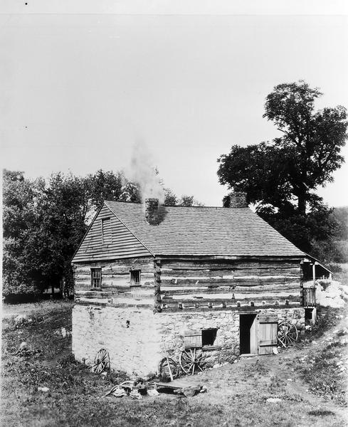 Exterior view of the blacksmith shop at Walnut Grove farm where Cyrus Hall McCormick (1809-1884) invented and built his first reaper in 1831.