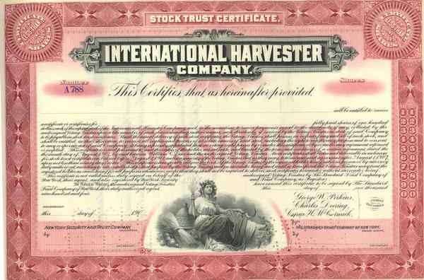 International Harvester Company stock trust certificate. American Bank Note Company.