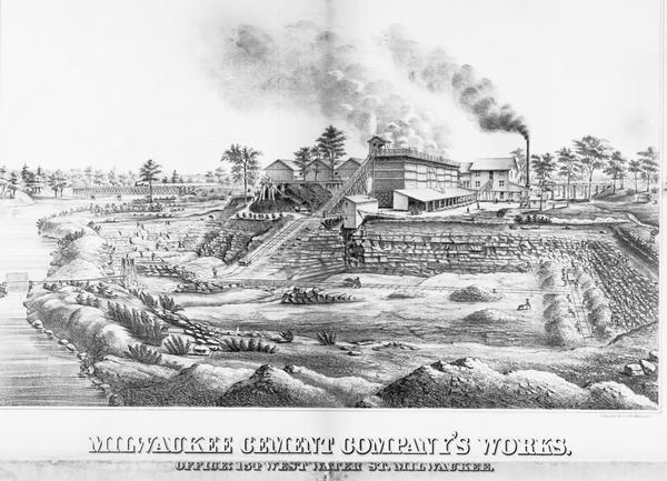Lithograph of the Milwaukee Cement Company's Works at 154 West Water Street in Milwaukee.