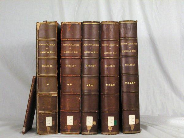 Five volumes of the Crown Collection of American Maps, plus an index, showing the spines of these books.