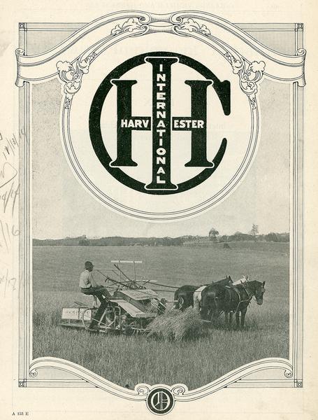 Cover art for Collings Vehicle and Harness Company catalog, comprised of International Harvester logo and black and white photograph of a man on a horse-drawn grain binder.
