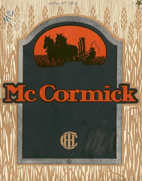 Red, black and gold cover art for McCormick advertising catalog showing silhouette of a farmer on a horse-drawn reaper.