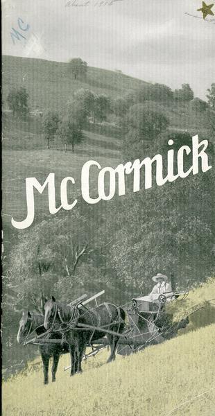 Drawing on front cover of German McCormick catalog depicting a farmer on a horse-drawn binder in a field next to rolling hills with trees.