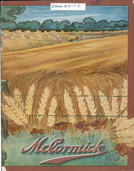 Cover of International Harvester McCormick line catalog depicting a lush, golden wheat field with a farmer riding a horse-drawn grain binder in the background.