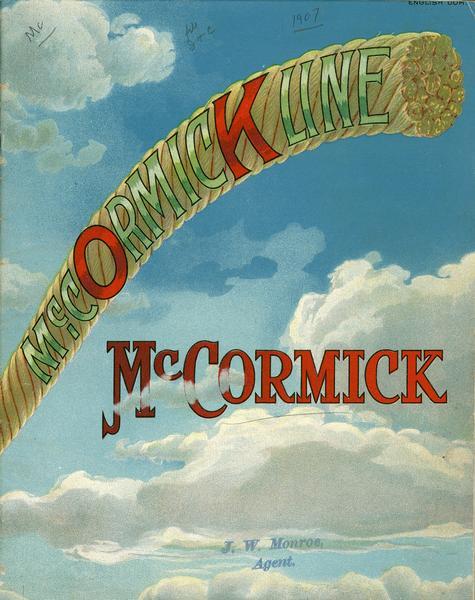 Front cover of "McCormick Line" farm implement catalog, showing a piece of rope with the title written on it in red and green, against a blue, cloudy sky.