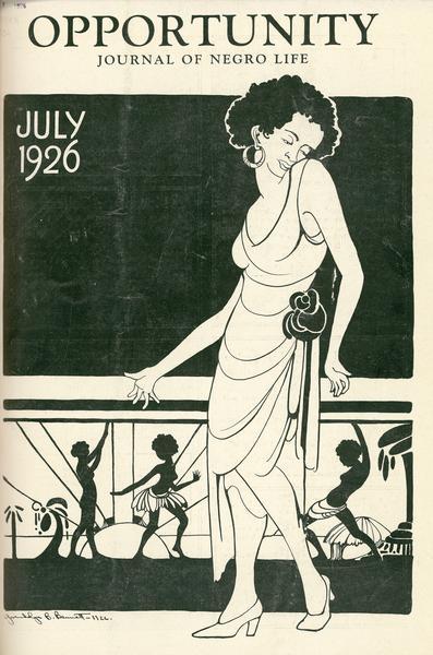 Front cover of "Opportunity: Journal of Negro Life" showing an illustration of a woman in an evening dress with her cheek resting on her shoulder, and people dancing in the background.