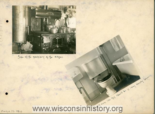 Page from manuscript keepsake scrapbook containing an image of a kitchen stove and of a toilet. Caption below the kitchen stove reads: "Some of the machinery of the kitchen." Caption below the bathroom reads: "? room like this should be in every country home."